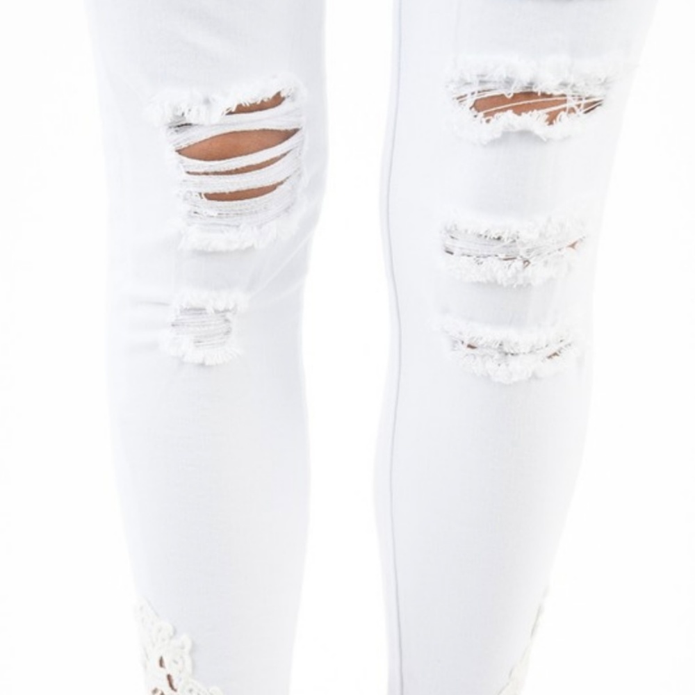 White Distressed Crochet Trim Jeans - Picture 5 of 7